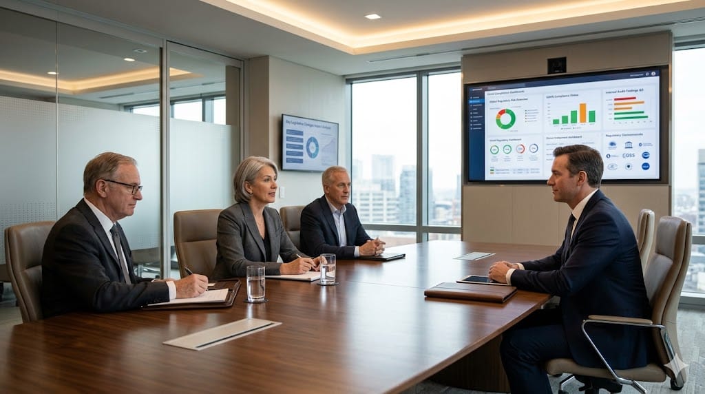 Senior executives interviewing a chief compliance officer candidate in a regulated industry setting with compliance dashboards.