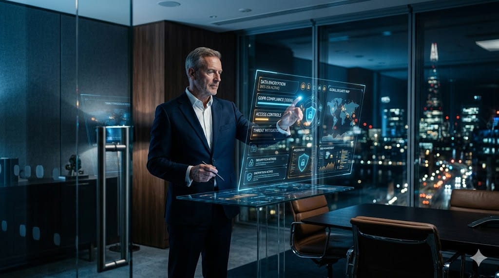 Senior executive overseeing data privacy strategy on secure digital interfaces, representing the rise of the Chief Privacy Officer role.