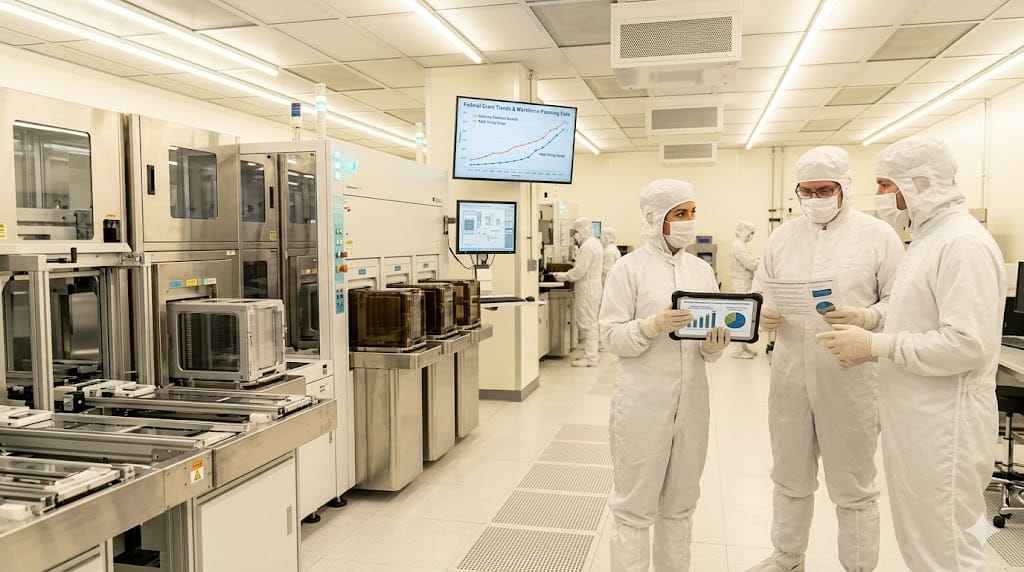 Semiconductor cleanroom engineers and executives reviewing hiring plans and funding charts in chip manufacturing facility