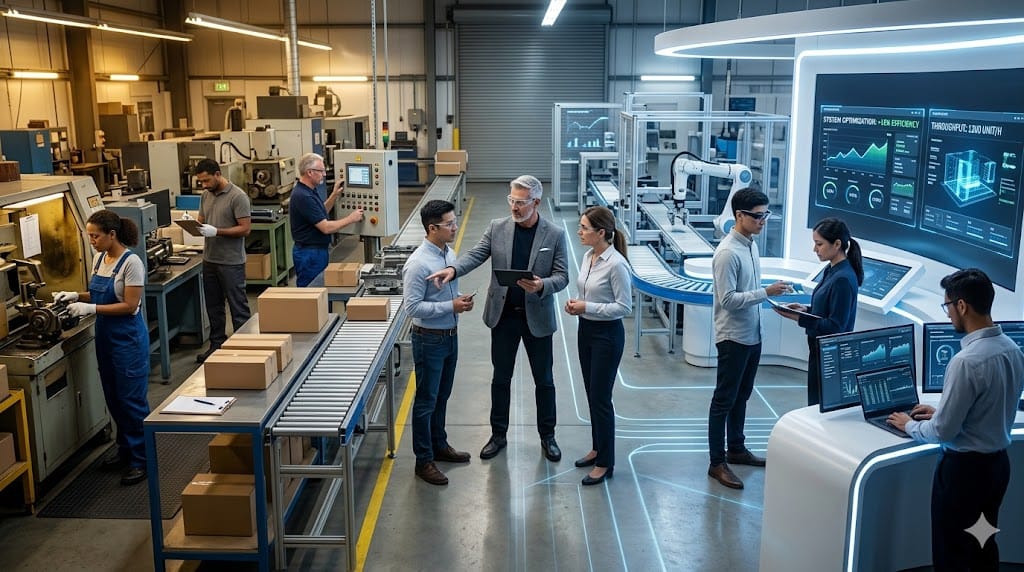 A technology leader guiding a traditional industry team through digital transformation, illustrating CIO hiring for non-tech companies