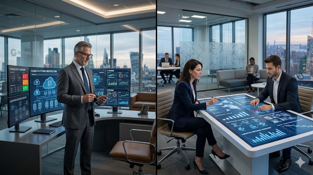 Comparison of CIO-led and dual digital leadership model with executives reviewing supply chain technology strategy using digital interfaces in a modern corporate environment