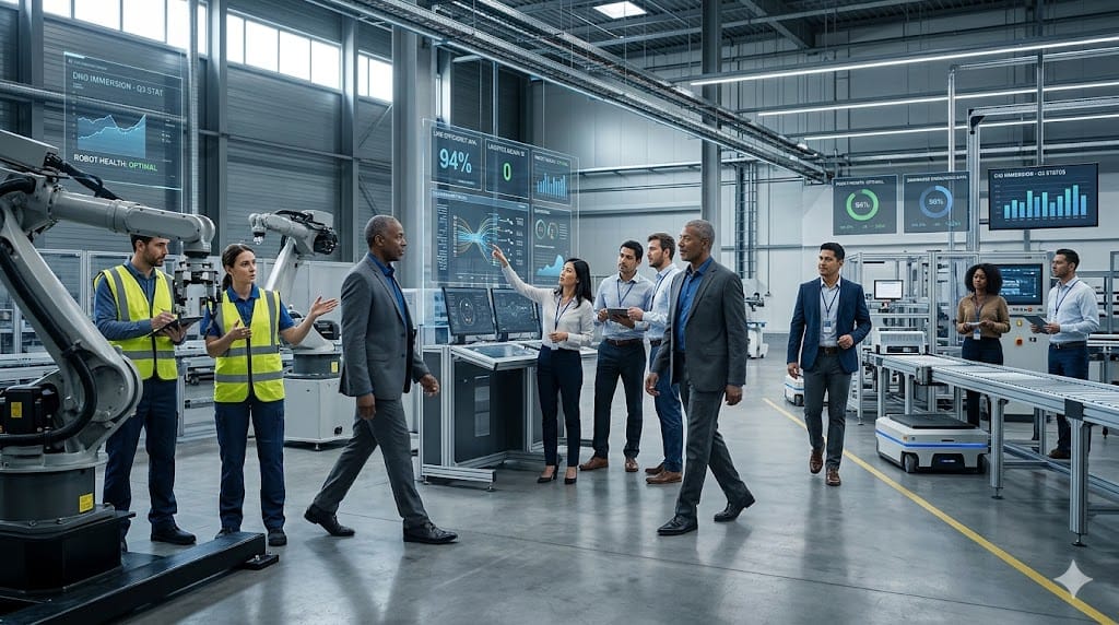A newly appointed CIO collaborating with cross-functional teams across operations, illustrating successful onboarding and integration into the organization