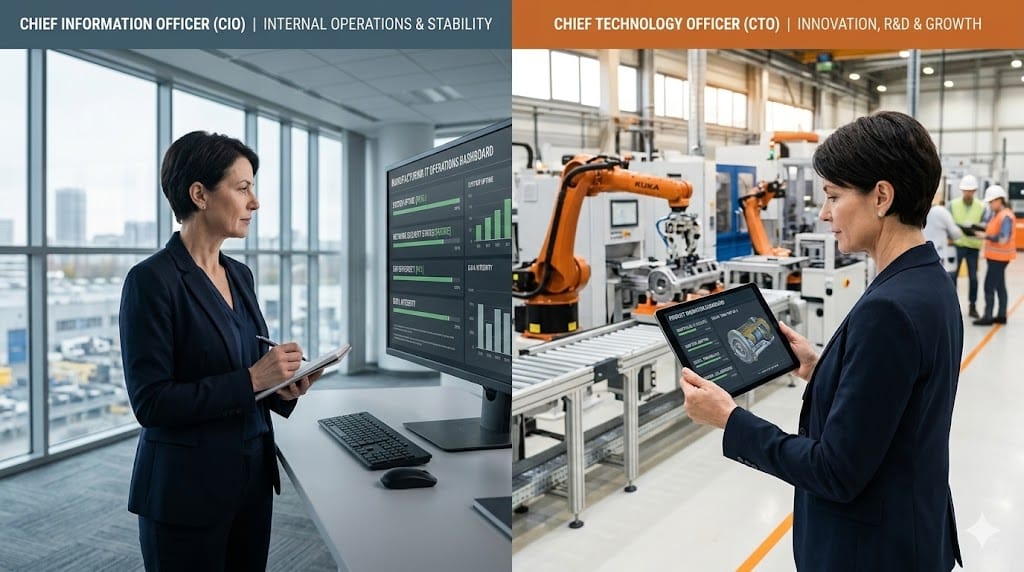 A split-screen conceptual image contrasting two executive roles. On the left, a CIO is shown in a modern office with a wall of screens displaying internal network maps and efficiency dashboards (Internal Focus). On the right, a CTO stands on a factory floor looking at a digital twin of a new product on a tablet (External/Product Focus). The lighting is bright and distinct, with cool blues for the CIO side (stability) and warmer, more dynamic lighting for the CTO side (innovation). The palette avoids generic corporate blues, using instead a sophisticated mix of slate, charcoal, and warm amber accents.