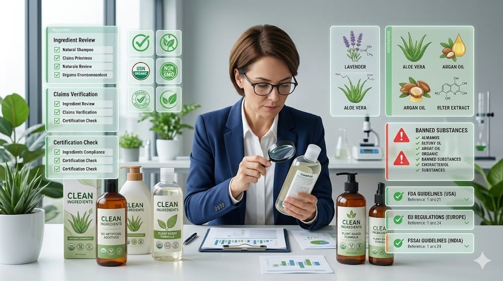 Compliance expert reviewing regulatory checklists beside natural ingredient labels on eco-friendly household products, with green checkmarks verifying clean claims against legal standards on digital screens