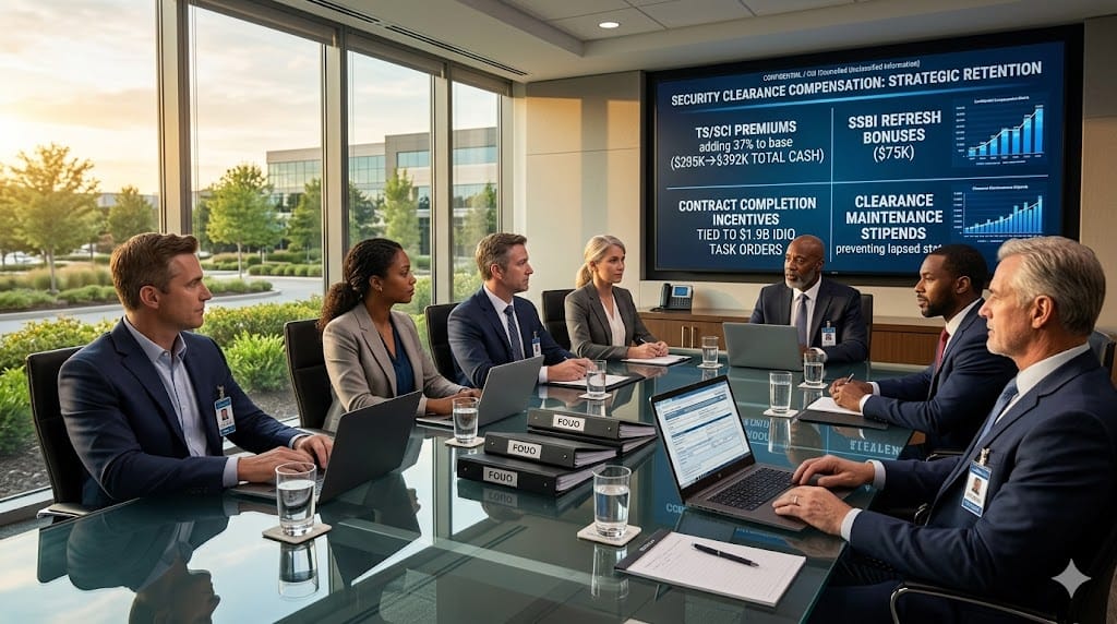 aerospace executives reviewing security clearance premiums and contract incentives during a confidential strategy session in a modern government contracting boardroom, with dashboards comparing 35% total comp uplifts for TS/SCI talent against baseline rates.
