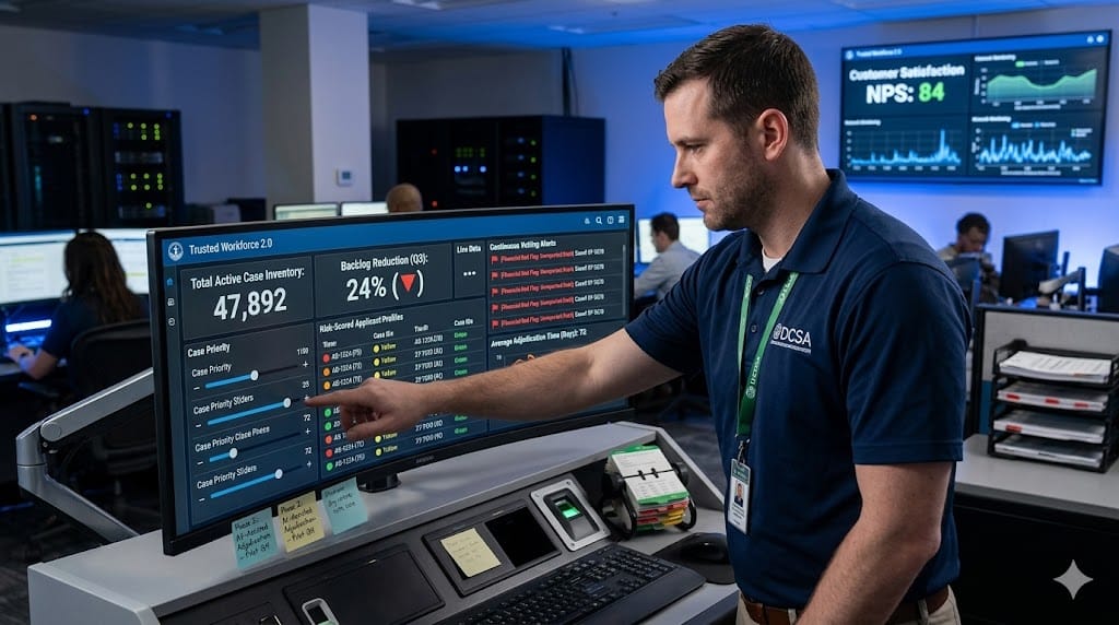 Security clearance specialist streamlining vetting workflows through advanced digital dashboard in secure operations center, displaying real-time case prioritization, automated record checks, and continuous evaluation metrics.