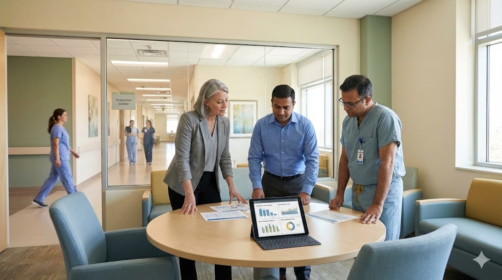 Clinical affairs leader reviewing real-world patient outcome data with hospital administrators in a modern care environment, illustrating value-based MedTech strategy and measurable healthcare impact.