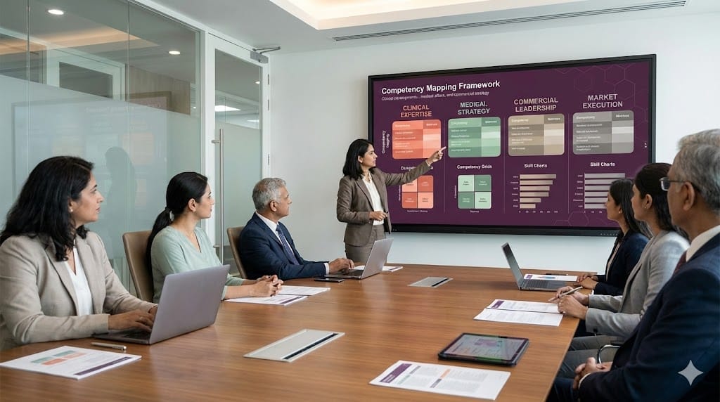 Pharmaceutical leadership team analyzing clinical and commercial competency frameworks on a strategic talent mapping dashboard.