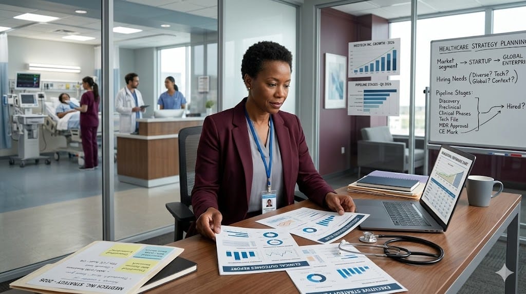 Healthcare executive with clinical background reviewing medical reports and business strategy documents in a hybrid hospital-office workspace.