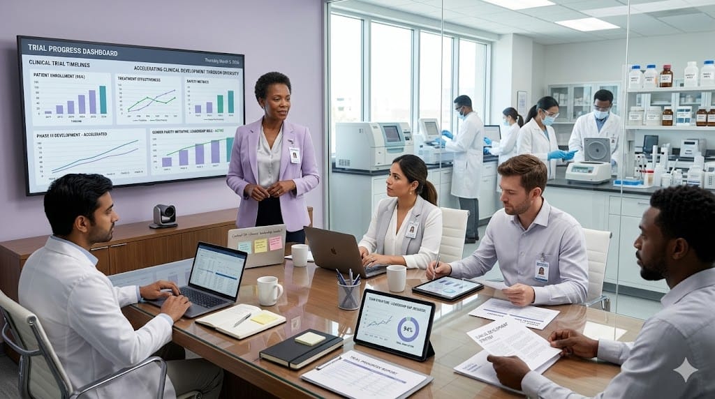 Female clinical research leader guiding a diverse medical team reviewing trial data in a modern clinical research center.