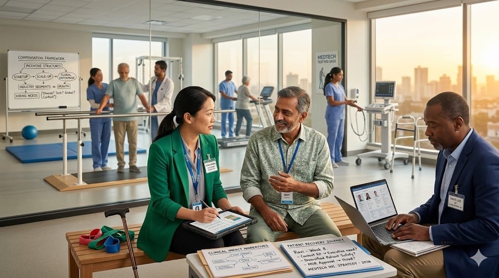 Healthcare professional listening to a recovering patient share treatment experience during rehabilitation therapy highlighting real clinical impact.