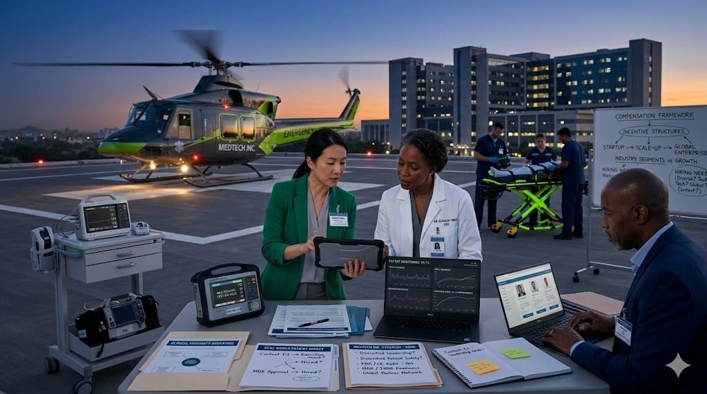 Healthcare professionals and medical technology specialist coordinating patient treatment near a hospital emergency helipad demonstrating close clinical access.
