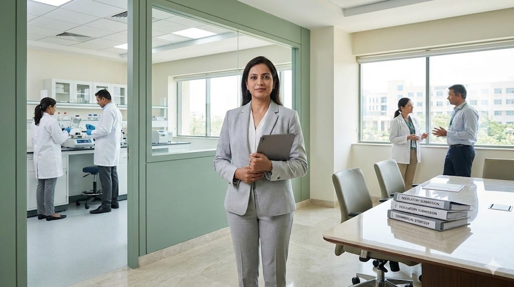 Senior life sciences executive standing in a modern healthcare innovation space overlooking laboratory, regulatory documentation area, and commercial strategy discussion, representing balanced clinical, regulatory, and commercial leadership.