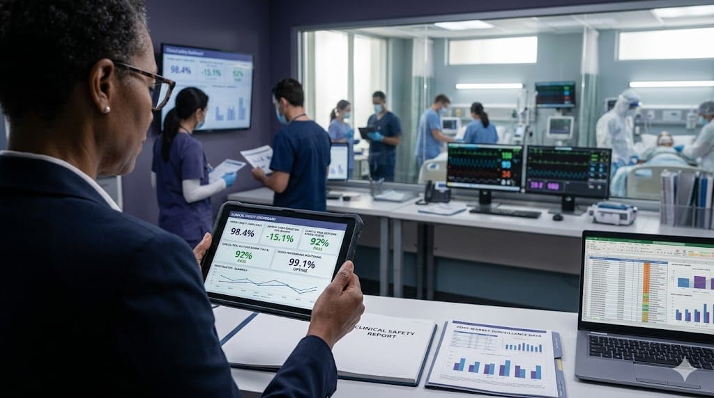 Medical technology executive reviewing clinical safety performance metrics with hospital monitoring data and patient safety reports in a clinical operations environment.