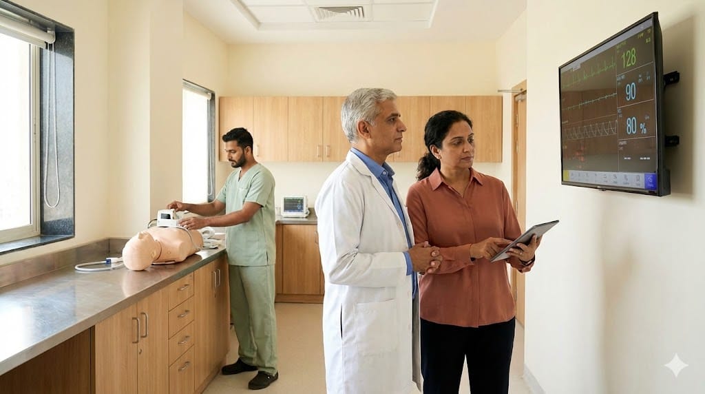 Senior medical and technical leaders reviewing device performance data in a clinical innovation suite, highlighting the combined clinical expertise and engineering leadership required in modern healthcare organizations.