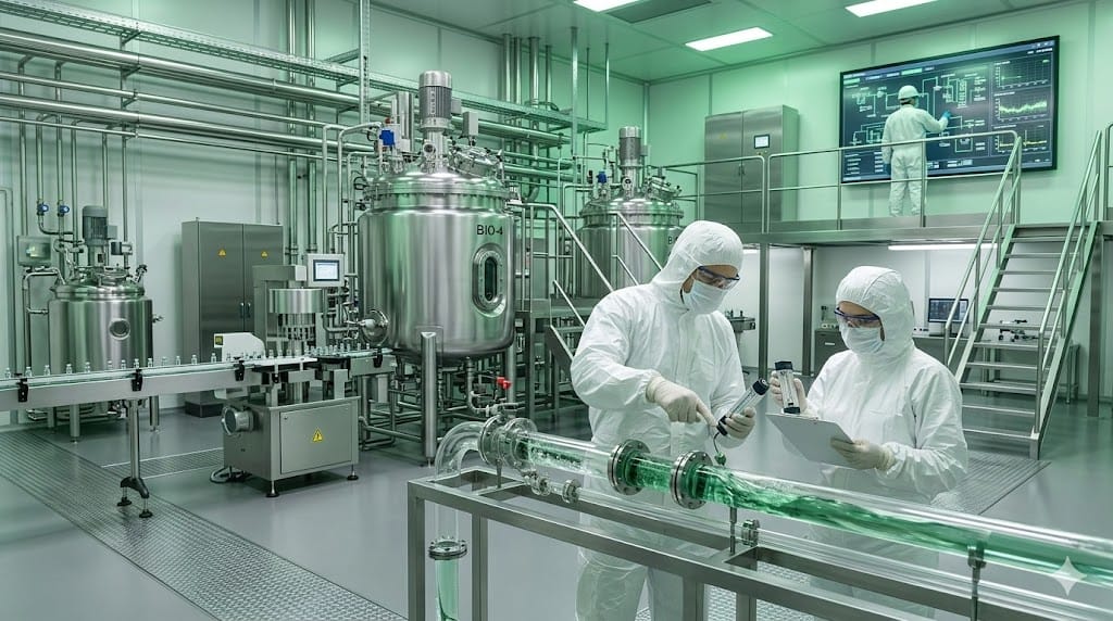 Pharmaceutical CMC scale-up and technology transfer process in advanced drug manufacturing facility with scientists monitoring production
