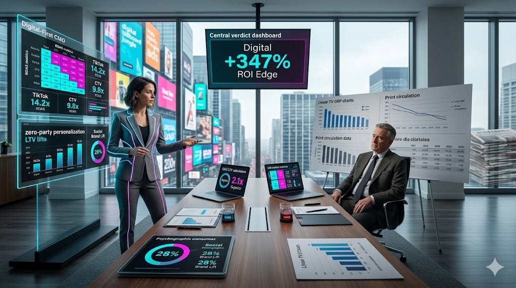 split-scene of retail board evaluating digital-first CMO versus traditional marketer, comparing performance marketing ROI against brand awareness legacy metrics.