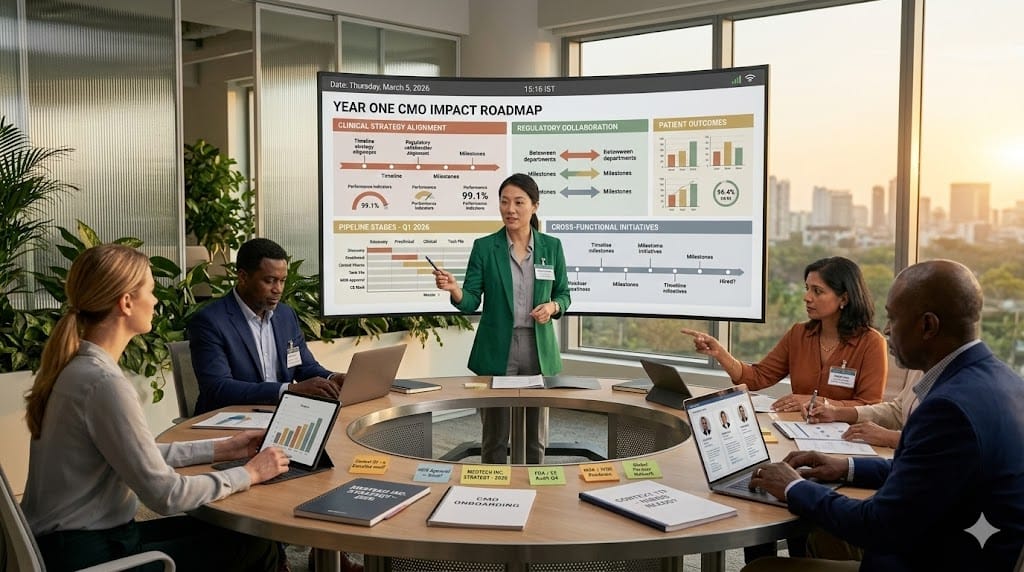 New Chief Medical Officer collaborating with cross-functional teams during an onboarding strategy session in a pharmaceutical company.