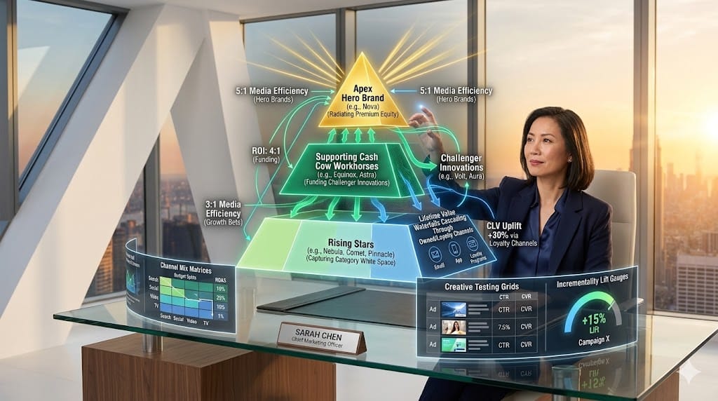 Strategic CMO architecting optimal brand portfolio architecture, balancing hero brands, cash cows, and growth engines through marketing ROI dashboards showing channel efficiency and lifetime value optimization.