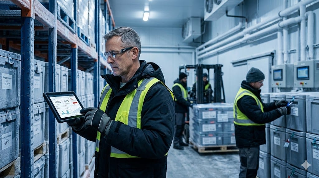 Supply chain leader inspecting temperature-controlled cold storage warehouse with refrigerated containers and monitoring devices