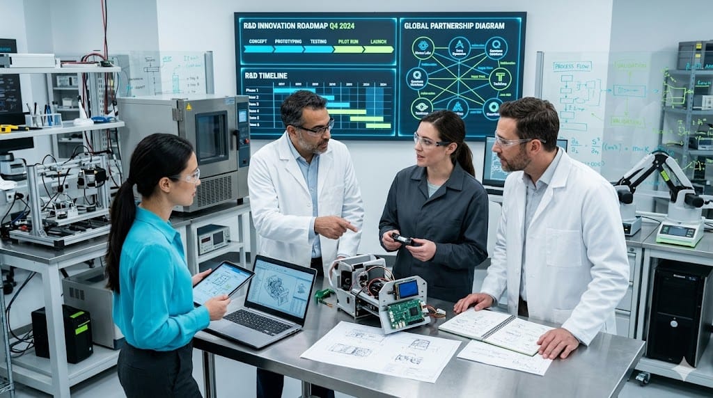 Engineers and researchers collaborating in R&D lab for manufacturing innovation partnership