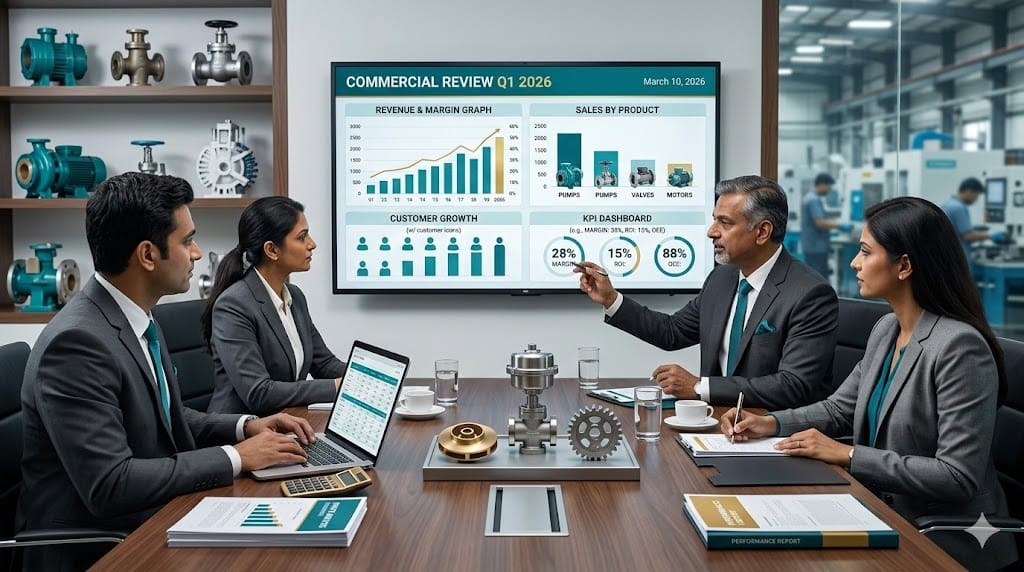 Manufacturing executives reviewing product performance and profit margin charts during business strategy meeting