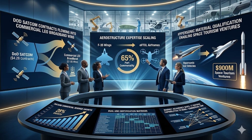 Realistic landscape photo of defense contractors diversifying into commercial adjacent markets, showing executives bridging military satellite tech to commercial LEO broadband, ISR platforms to urban air mobility, and hypersonic materials to space tourism in a strategic market expansion war room.