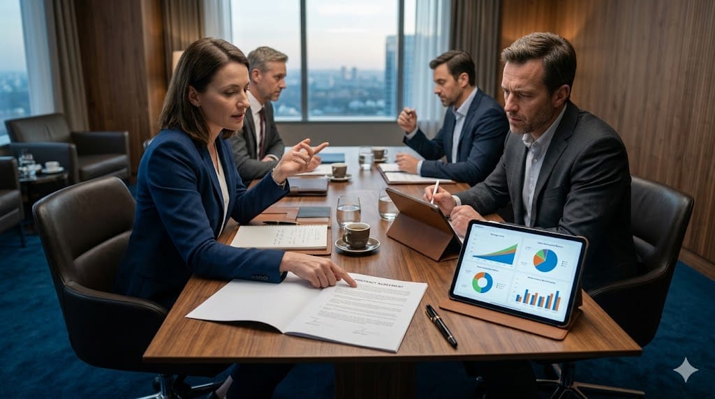 Business and legal professionals negotiating a commercial contract while analyzing value realization metrics in a corporate setting