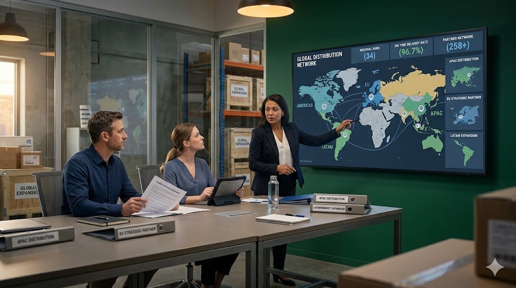 Global operations leaders reviewing international distribution routes and strategic partnership plans inside a modern logistics control center with shipment tracking screens and world trade visuals.