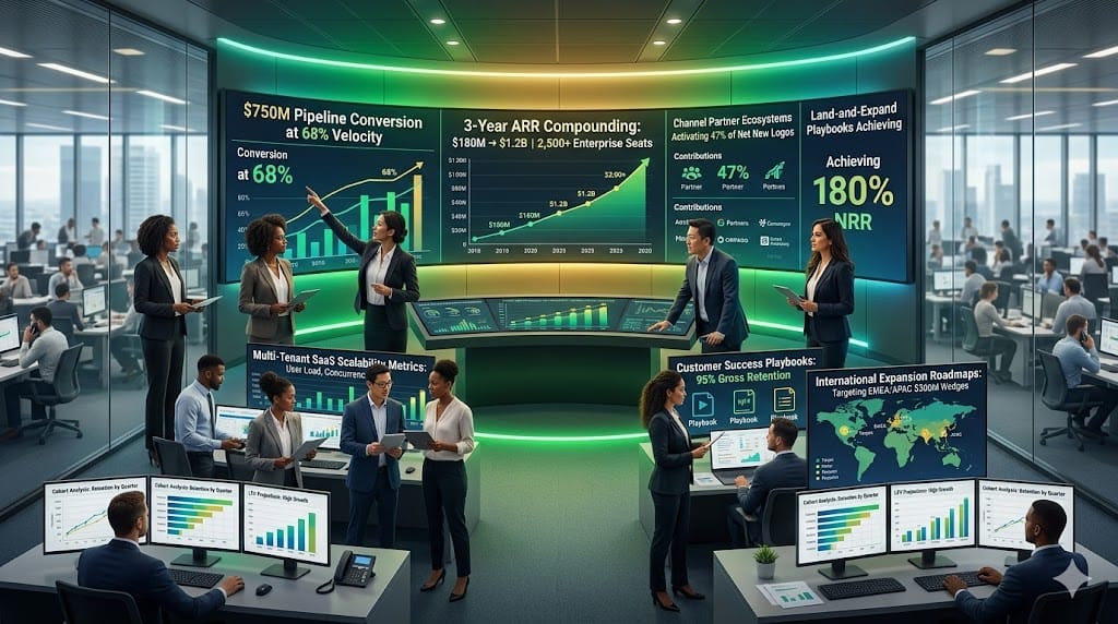commercialization leaders driving enterprise B2B scale, orchestrating go-to-market strategies, channel partner ecosystems, and $500M+ ARR expansion across Fortune 1000 accounts from a high-tech revenue operations center.