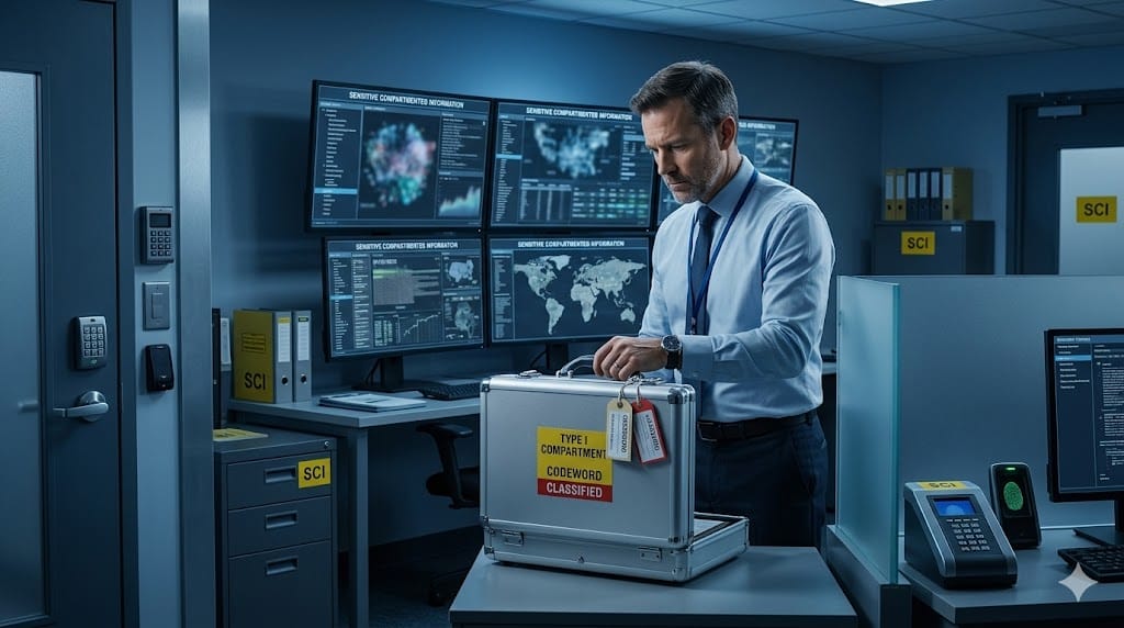 Secure landscape illustration of an executive expertly handling compartmented information in a SCIF, with locked compartments, encrypted digital files, access badges, and secure workstations amid holographic security protocols and classified documents.