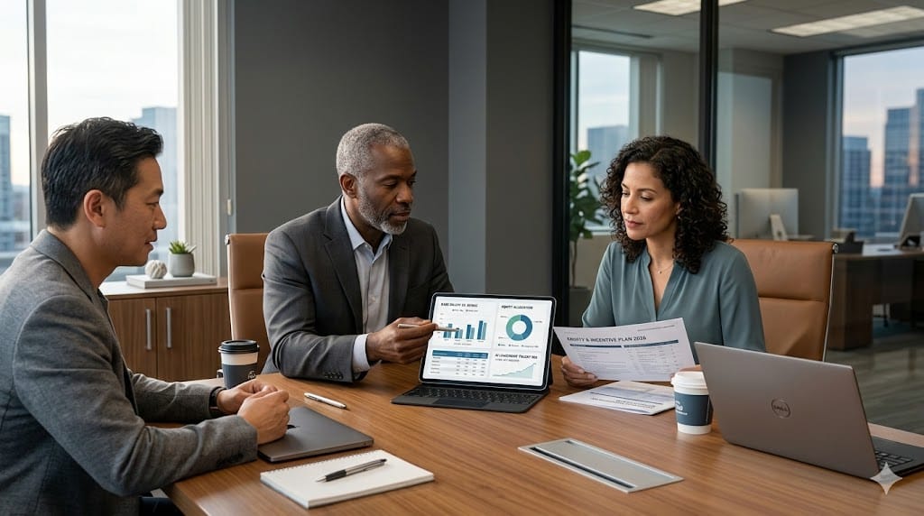Executives reviewing compensation and equity models for AI-driven medtech leadership, with financial dashboards and strategy documents on a conference table in a modern office.