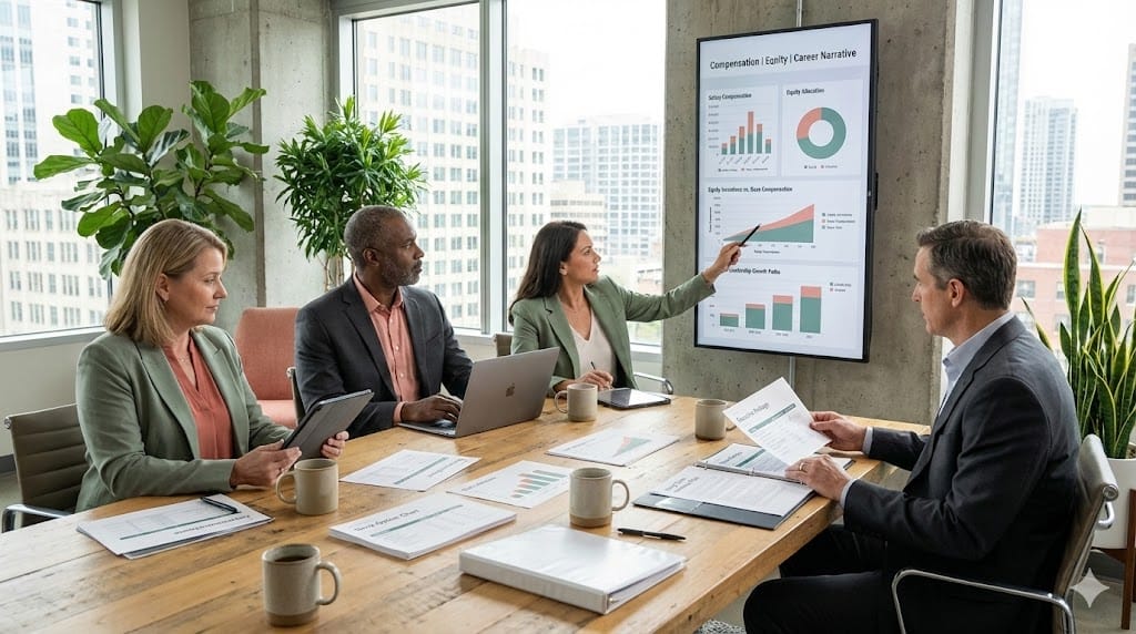 HR leaders discussing executive compensation packages, equity incentives, and career growth narratives during a talent acquisition strategy meeting