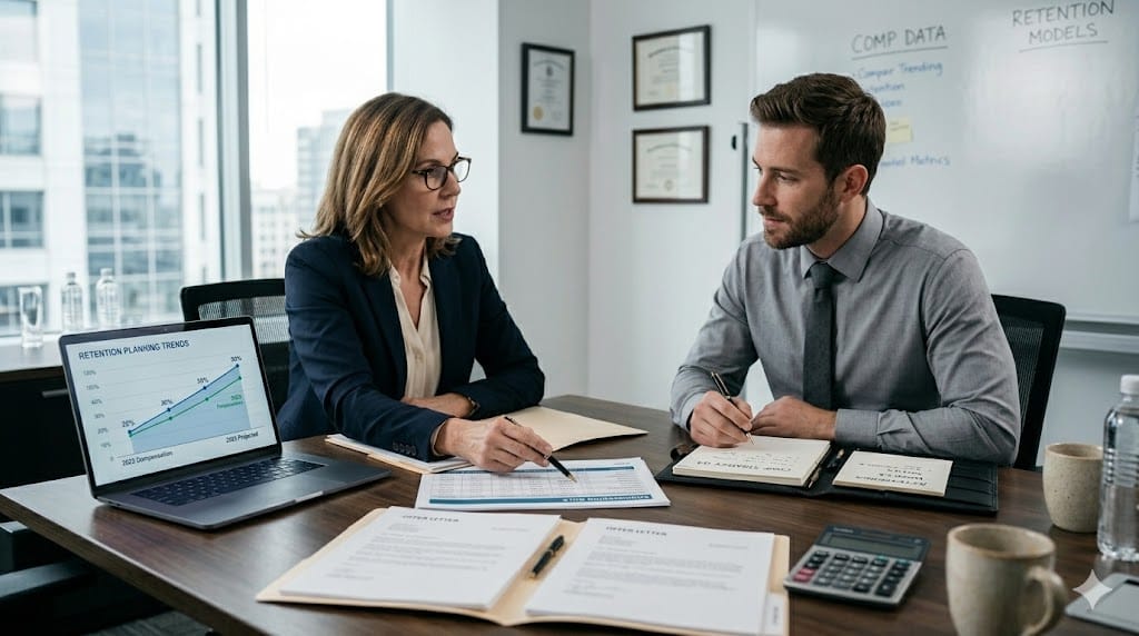 HR leaders reviewing salary charts and offer letters during retention planning