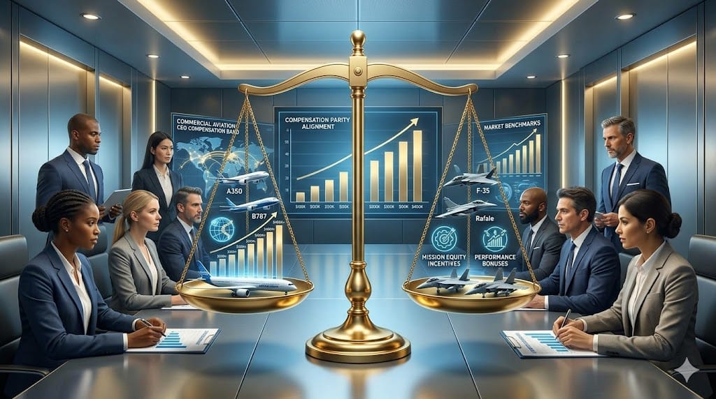 Analytical landscape illustration of compensation parity between defense and commercial aviation benchmarks, featuring balanced scales comparing executive salary graphs, equity packages, and bonus structures with airline jets on one side and defense aircraft on the other in a strategic boardroom setting.