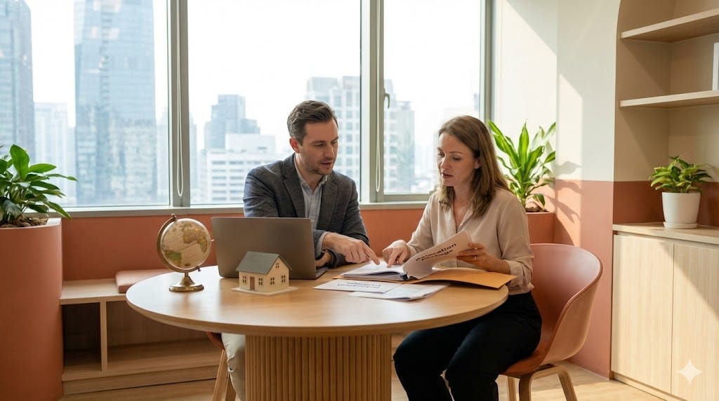 International executive reviewing relocation documents with HR leadership in a bright modern office, symbolizing compensation planning and global talent retention.
