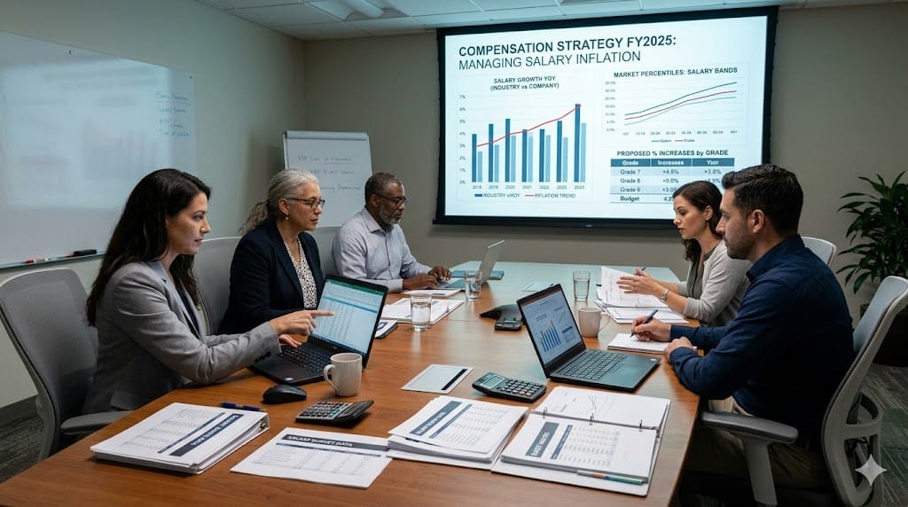 HR and finance leaders reviewing salary charts and compensation strategy during rising pay inflation