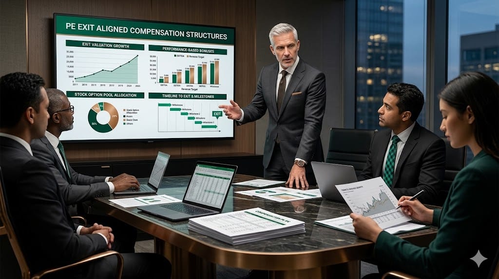 Private equity executives discussing compensation structure with incentive charts, bonus plans, and exit strategy growth graph in boardroom