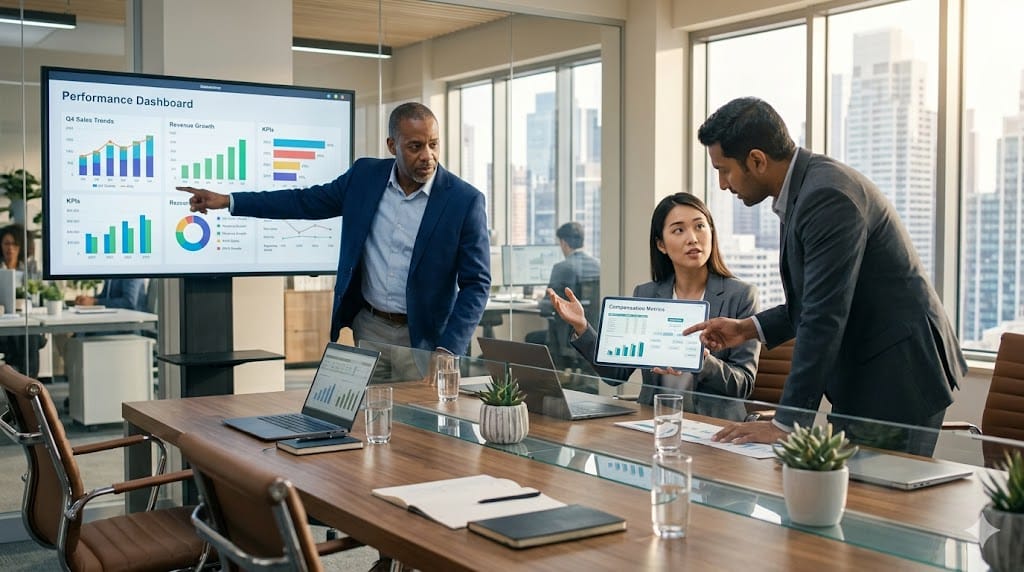 Business executives analyzing performance metrics and compensation reports in a modern office, illustrating reporting lines and success metrics.