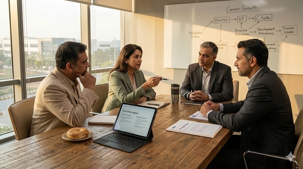 A realistic, eye-level shot of a modern, sunlit conference room where a diverse panel of executives and a potential candidate (a manufacturing leader) are engaged in a serious interview. On the large wooden table are documents titled "Strategic Vision," "Innovation Culture," and "Career Growth." A tablet displays a "Hybrid Work Model" diagram. The lighting is warm and natural, highlighting the collaborative discussion. The palette uses warm wood tones, soft grays, and a pop of color from a plant, avoiding cold corporate blues.