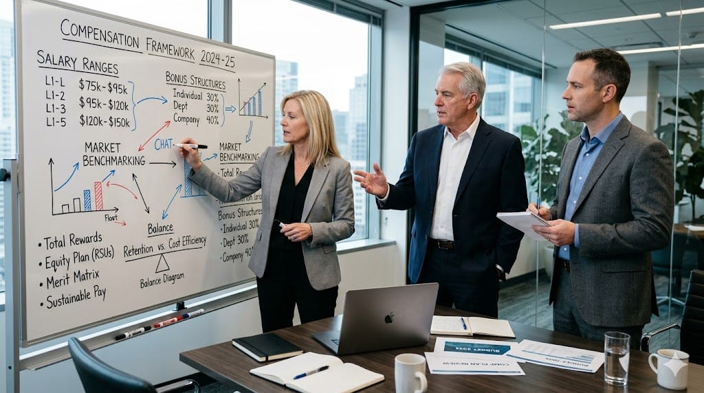 Business leaders planning compensation strategy using financial charts and whiteboard