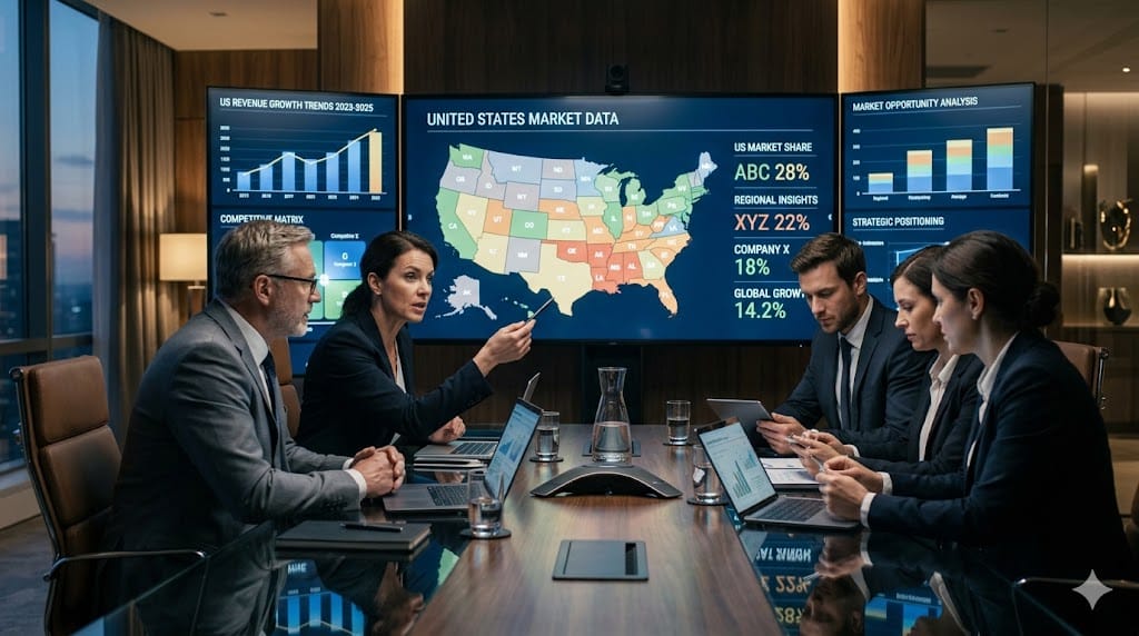 Business leaders analyzing competitive market data with a focus on the United States, highlighting strategy and market positioning.