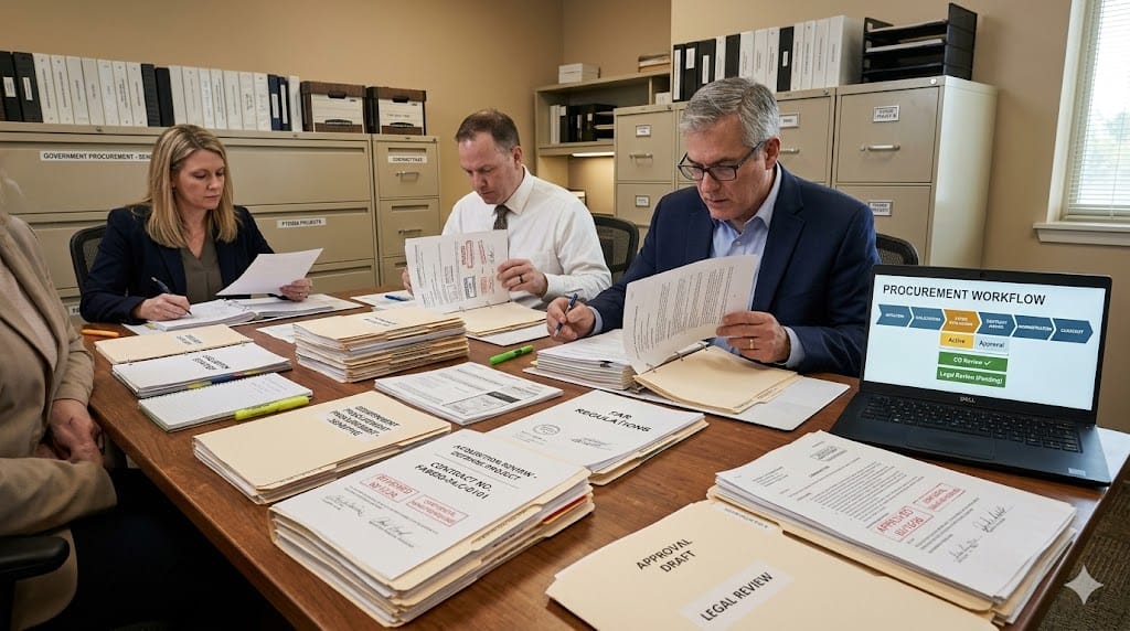 Professionals reviewing government acquisition contracts and regulatory documents during procurement process