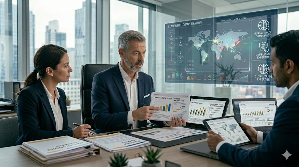 Senior executive discussing compensation and career growth with compliance-focused leader using performance charts and promotion plan in corporate office
