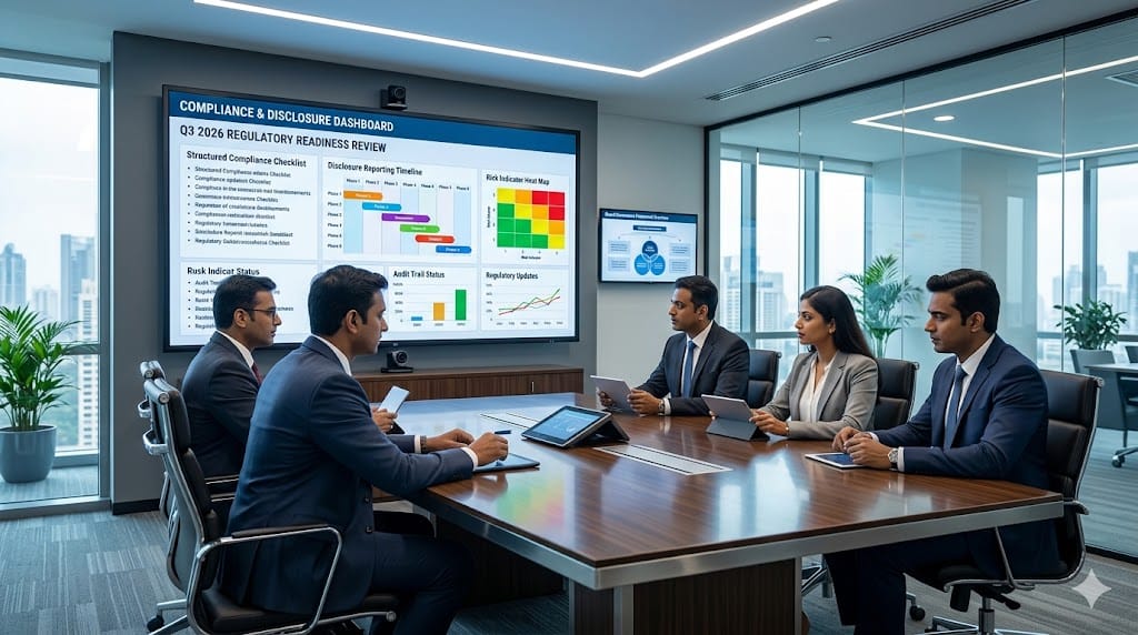Corporate leaders strengthening compliance and disclosure processes using advanced regulatory dashboards in a modern office.
