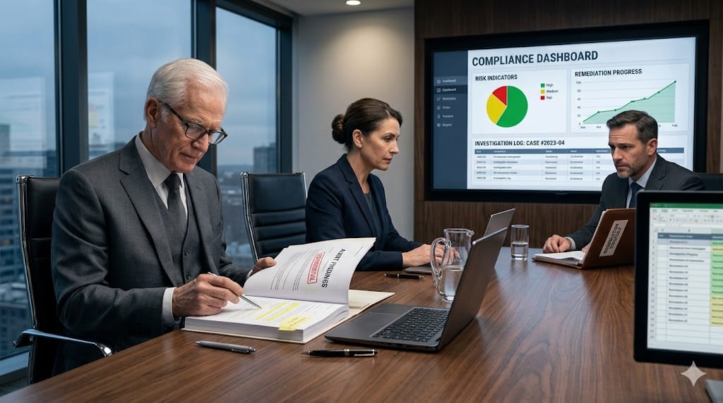 Compliance professionals analyzing investigation reports, audit findings, and remediation plans in a modern corporate environment.