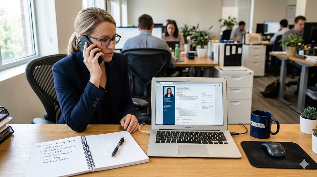 recruiter making phone call while reviewing candidate profile during reference check process