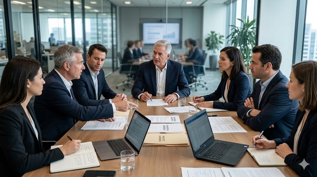 Professionals resolving conflict during negotiation meeting in corporate office