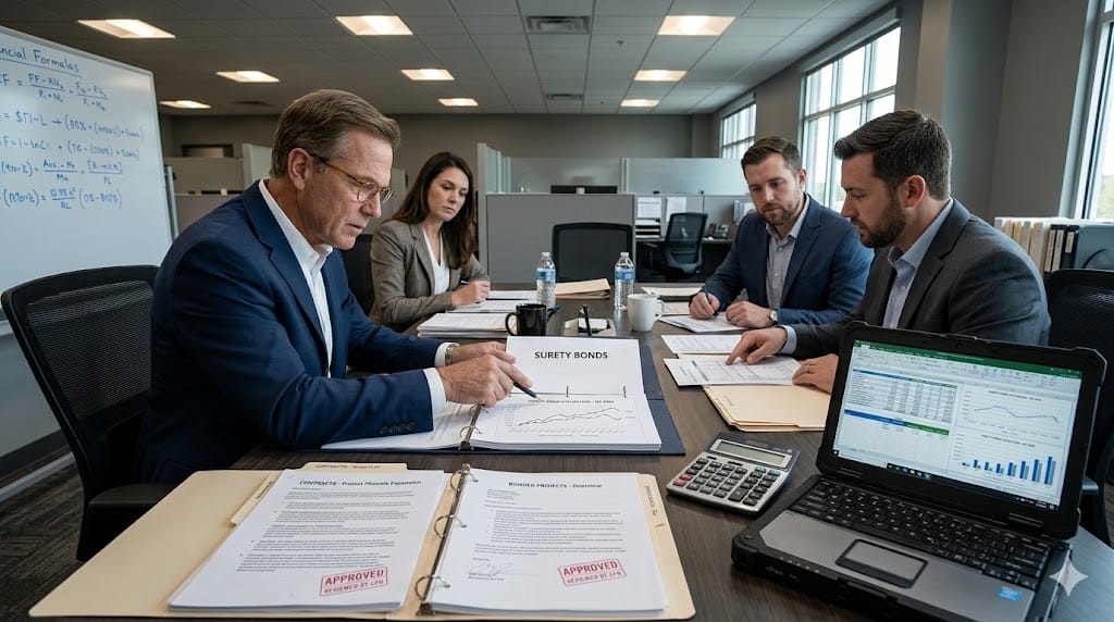 Construction CFO reviewing bond documents and financial reports with project leaders