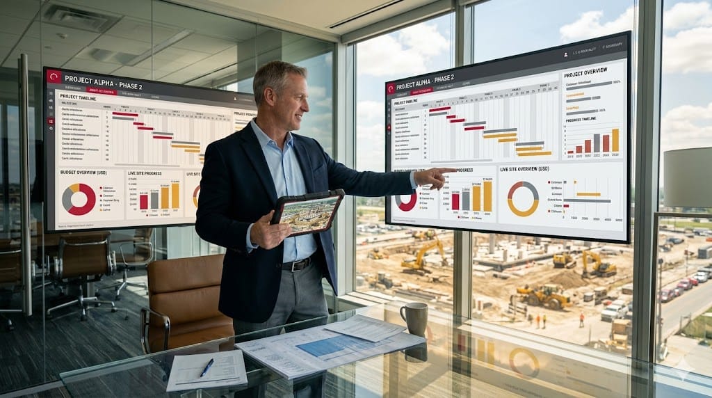 Construction COO connecting field operations reports with corporate strategy charts in a modern executive office overlooking a construction site.